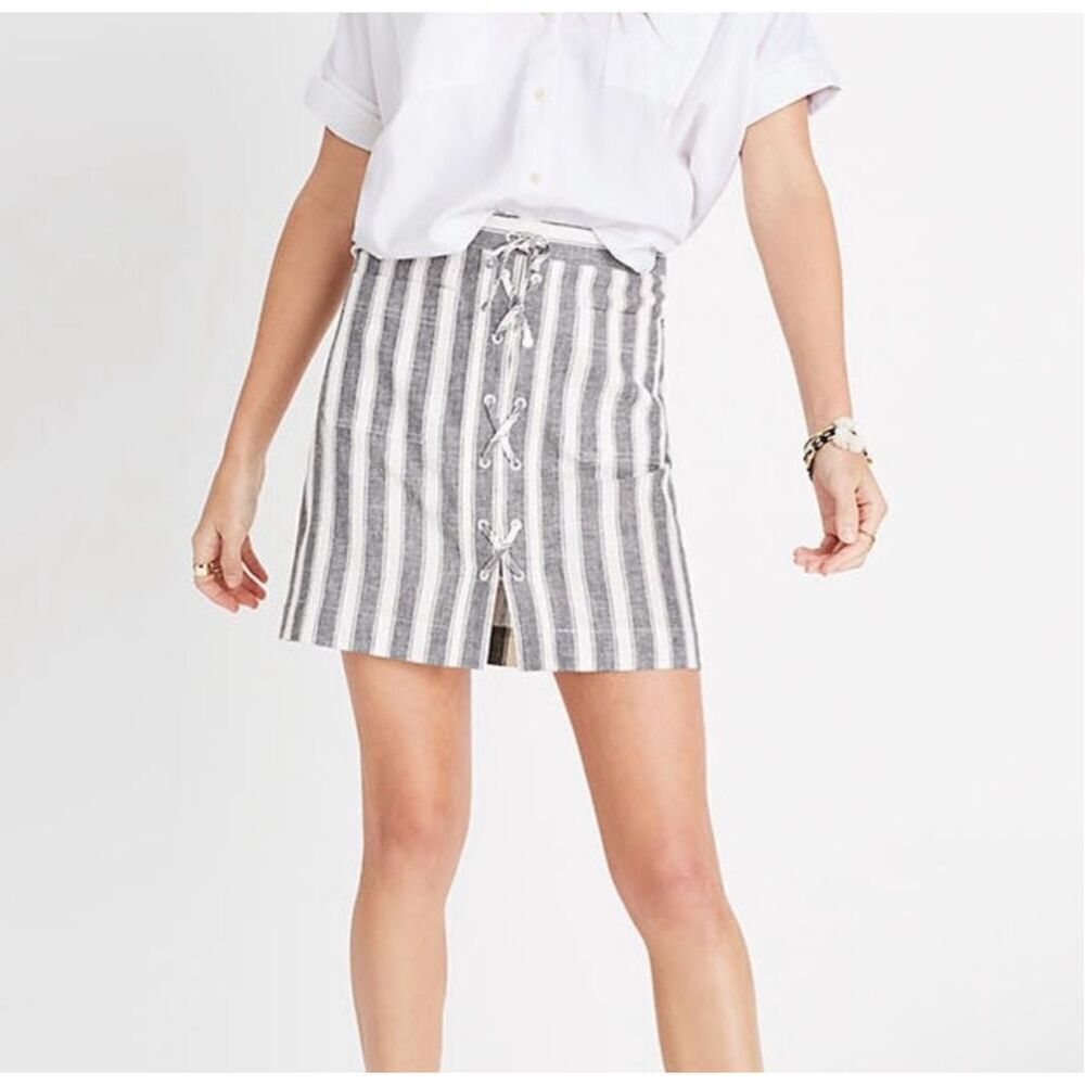 Madewell Linen Blend Lace Up‎ Skirt size 10 Striped Gray White